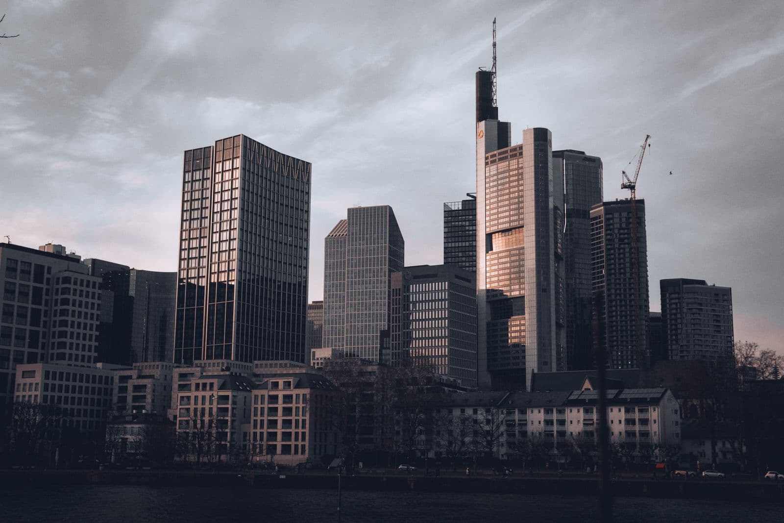 Financial district skyline at dusk